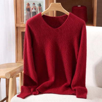 Rust red mink cashmere sweater for women, long-sleeved, solid color, loose fit, wool knit, perfect for autumn and winter.