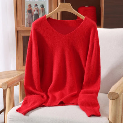 Rust red mink cashmere sweater for women, long-sleeve, loose fit, solid color wool knit top for autumn and winter.