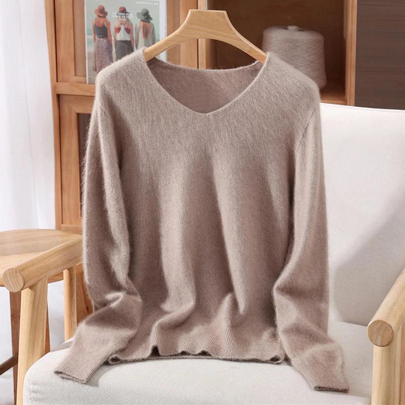 Rust red high-end female mink cashmere sweater with long sleeves and wool knit, loose fit for autumn and winter.