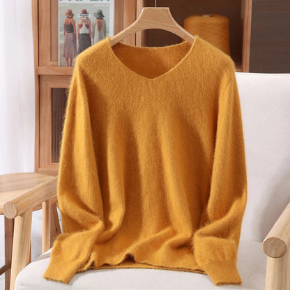 Rust red mink cashmere sweater for women, long-sleeved, solid color, wool knit, loose fit for autumn and winter.