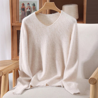 Rust red high-end female mink cashmere sweater with long sleeves and wool knit material, loose fit top for autumn and winter.