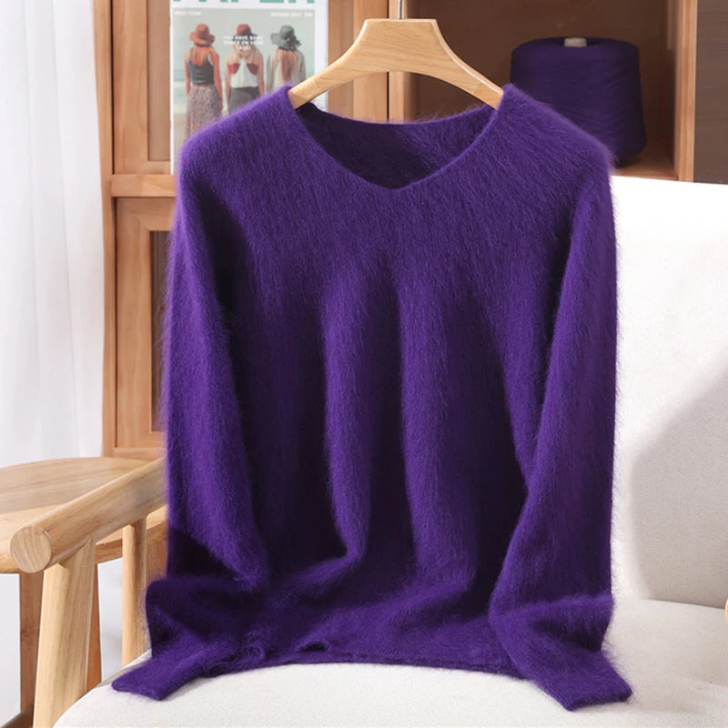 Rust red mink cashmere sweater for women with long sleeves, solid color, loose fit, ideal for autumn and winter.
