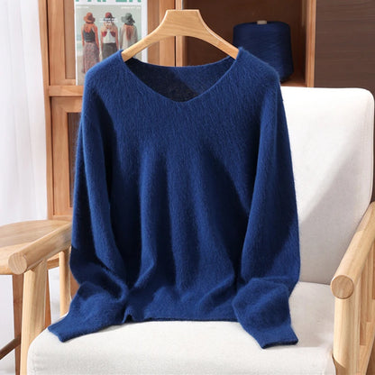 Rust red high-end female mink cashmere sweater with long sleeves, solid color wool knit, loose fit for autumn and winter.