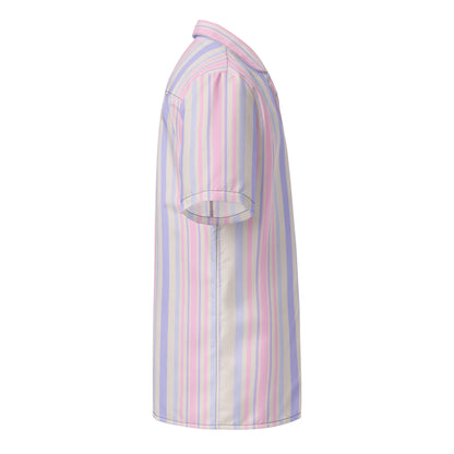 Sunset Serenade performance button-down shirt from Brinks Island Collection by BACKUPMYFILESNOW.COM®, featuring vibrant sunset print fabric.