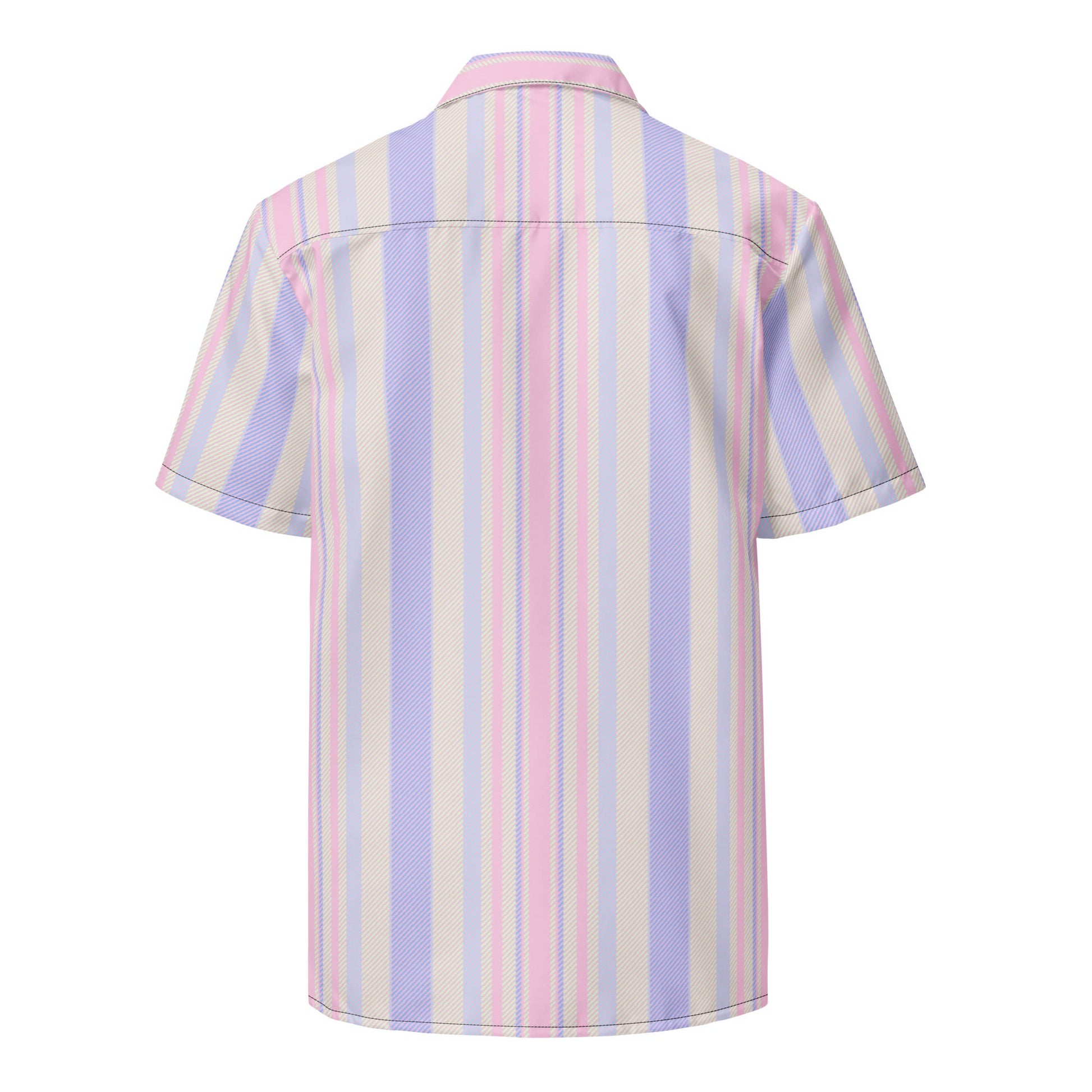 Sunset Serenade performance button-down shirt from Brinks Island Collection by BACKUPMYFILESNOW.COM®, featuring vibrant sunset print fabric.