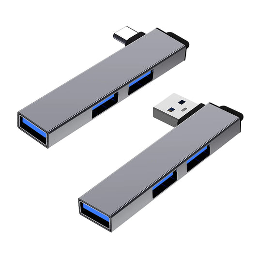 BackupMyFilesNow 3-port aluminum USB hub with USB 2.0 and USB 3.0 ports for laptops and PCs, ideal for flash drives and HDDs.