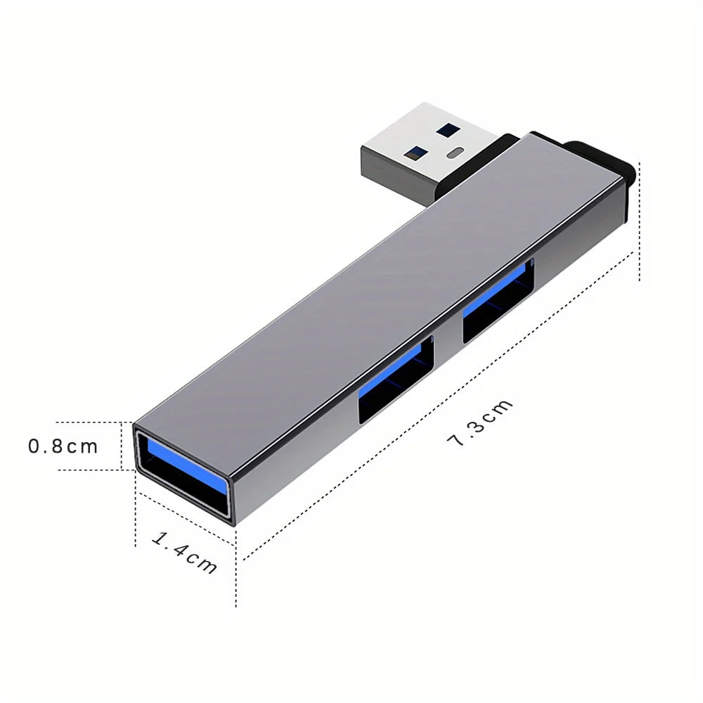 Aluminum USB hub with 3 ports including USB 2.0 and USB 3.0, designed for laptops and PCs to connect flash drives and HDDs.