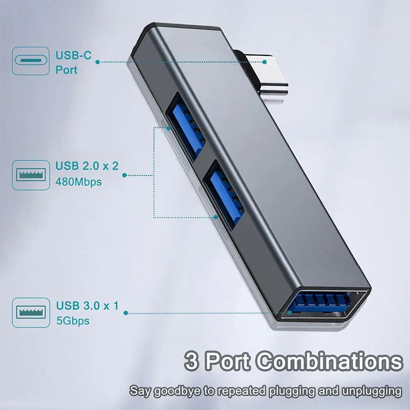 Aluminum 3-port USB hub with USB 2.0 and 3.0 ports, compatible with laptop and PC, for connecting flash drives and external HDDs.