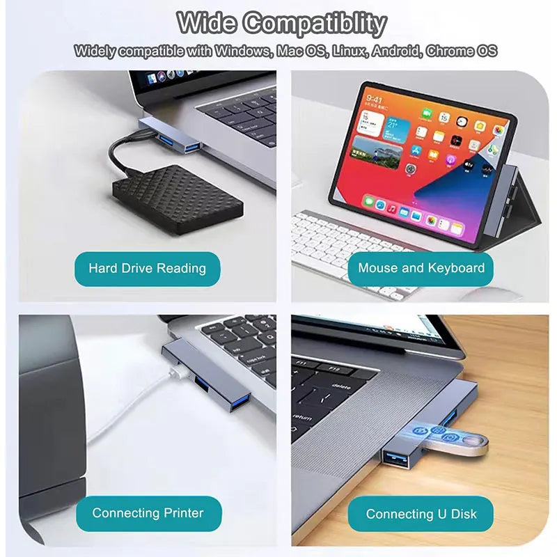 BackupMyFilesNow.com 3-port aluminum USB hub with USB 2.0 and USB 3.0 ports, ideal as a USB splitter and extender for laptop and PC.