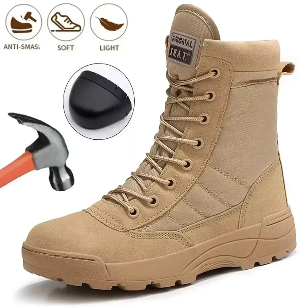 Men's steel toe tactical hiking desert boots with stab-proof and smashing protection, designed for outdoor work and safety.