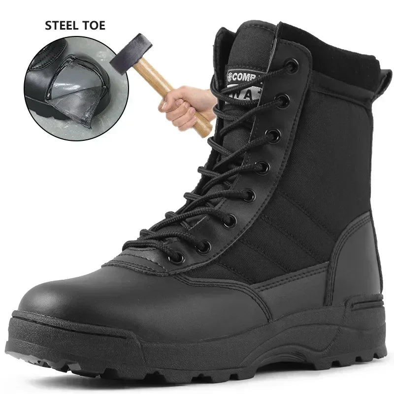 Men's steel toe tactical hiking boots with desert design, durable work shoes, and protective features for outdoor safety and rugged durability.