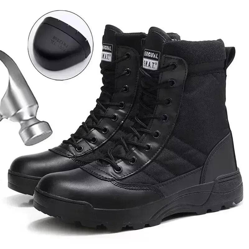 Men's steel toe tactical hiking desert boots with stab-proof and smashing protection, ideal for outdoor work and rugged terrain.