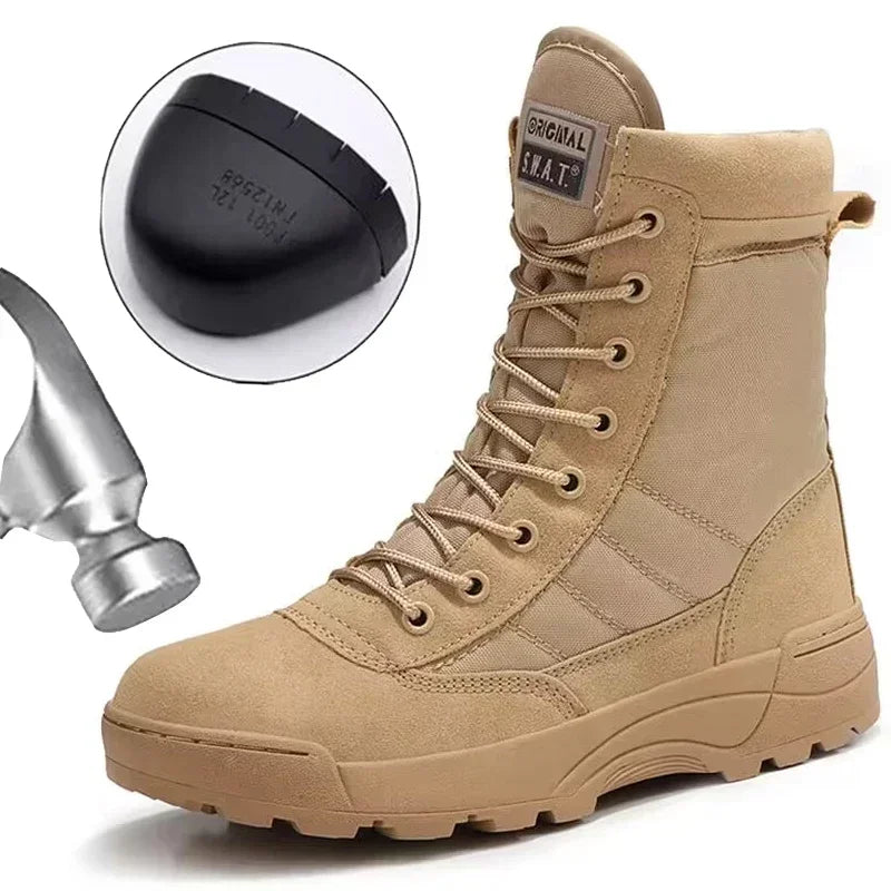 Men's steel toe tactical hiking boots in desert style with stab-proof and smashing protection, designed for outdoor work safety.