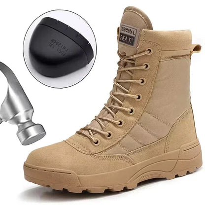 Men's steel toe tactical hiking boots in desert style with stab-proof and smashing protection, designed for outdoor work safety.
