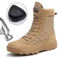Men's steel toe tactical hiking boots in desert style with stab-proof and smashing protection, designed for outdoor work safety.
