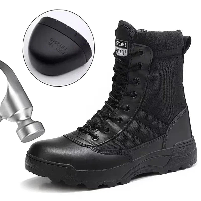Men's steel toe tactical hiking desert boots with stab-proof and smashing protection, suitable for outdoor work and safety.