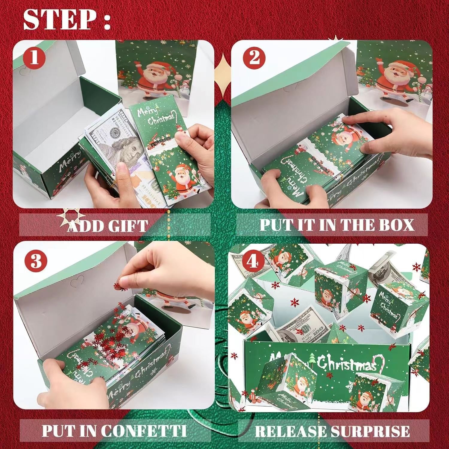 Creative birthday surprise box featuring Santa Claus and snowman designs, colorful bounce boxes, from BACKUPMYFILESNOW.COM®