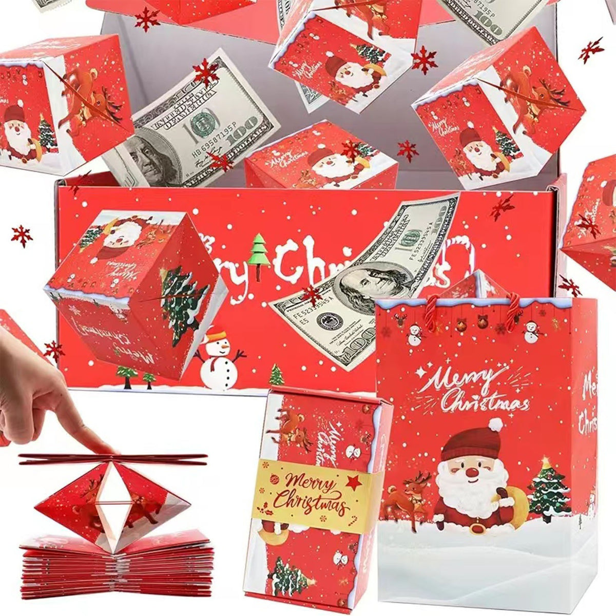 Creative birthday surprise box from BACKUPMYFILESNOW.COM® featuring festive Santa Claus and snowman designs with 10 bounce boxes.