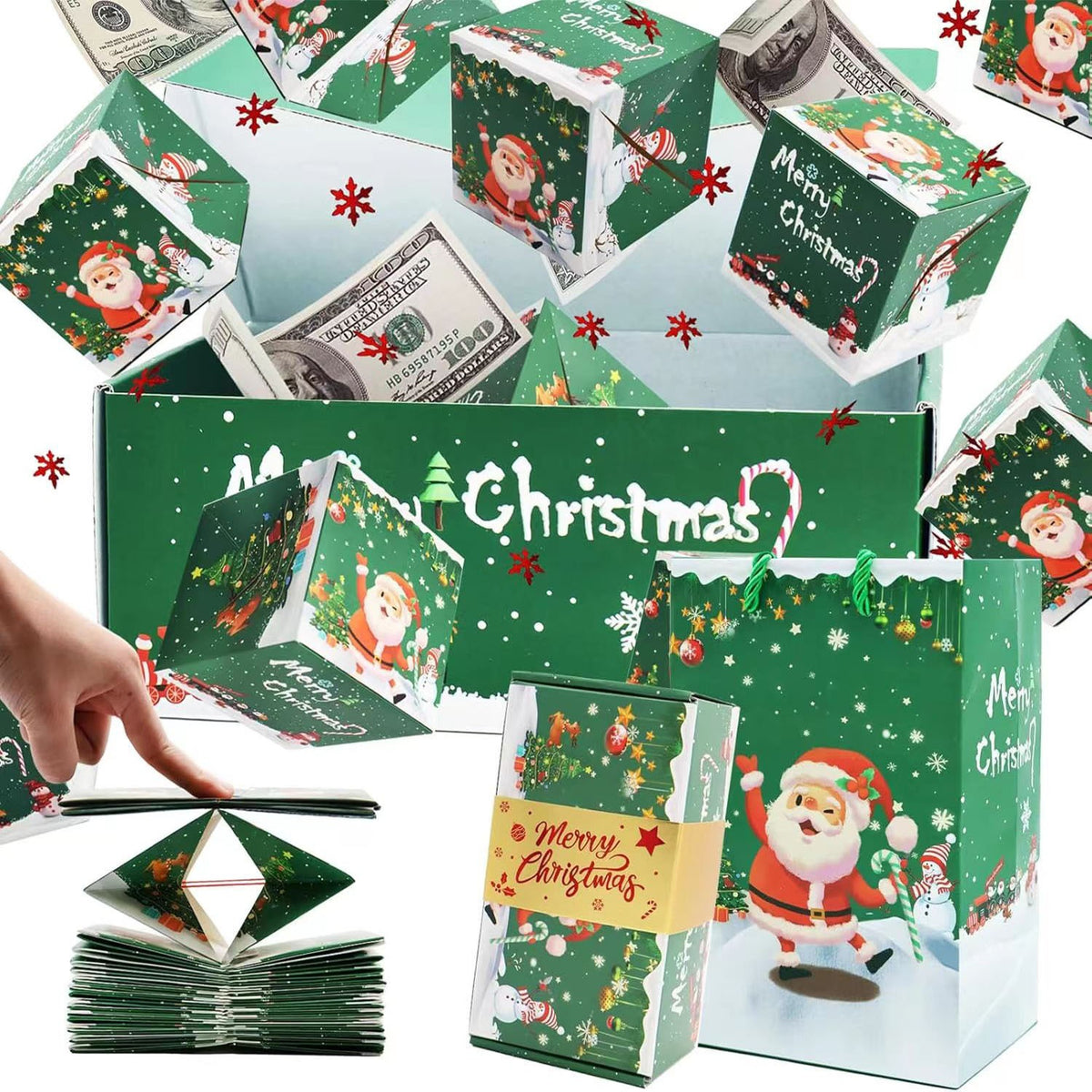 Creative birthday surprise box featuring Santa Claus and snowman design from BACKUPMYFILESNOW.COM®, colorful bounce boxes for celebration.