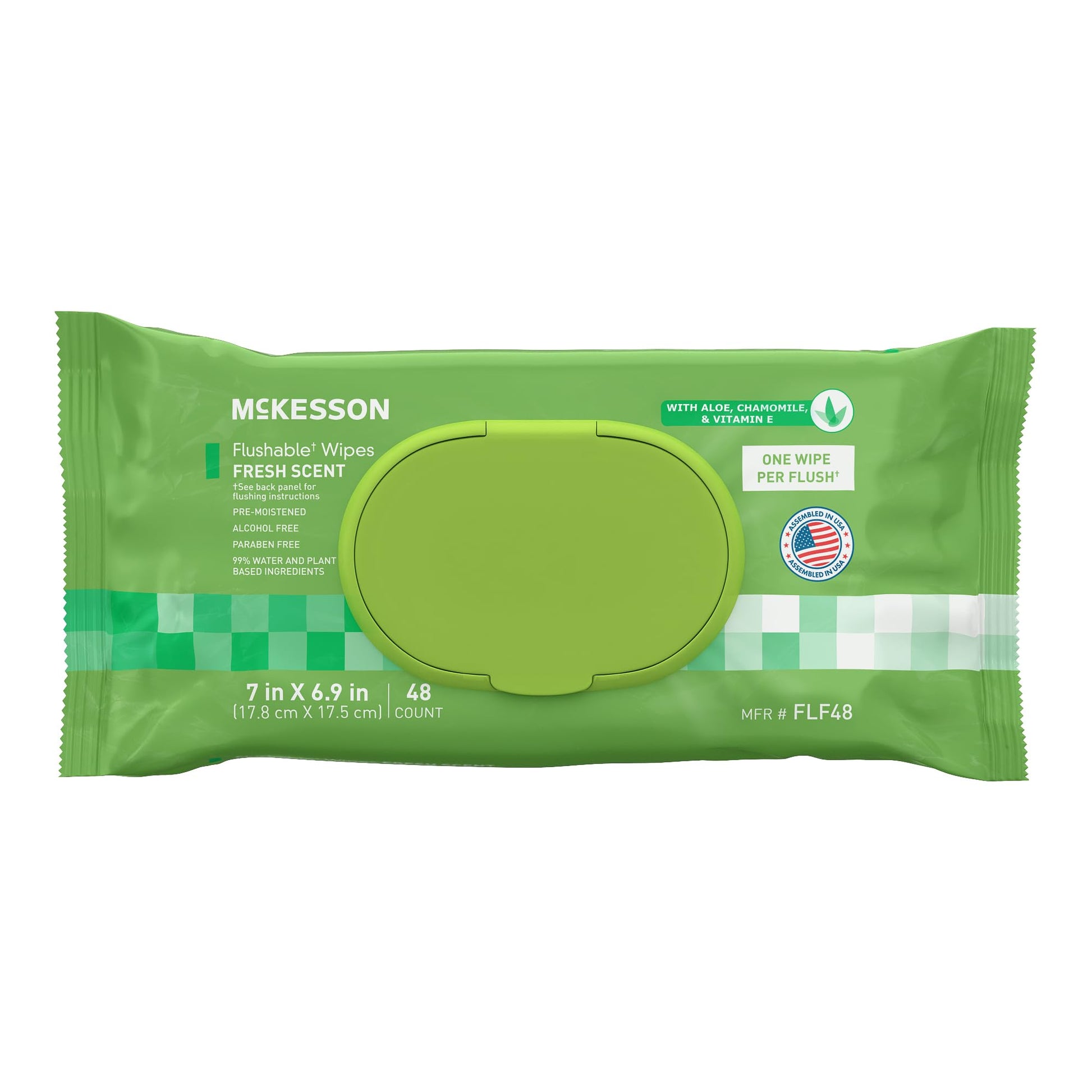McKesson flushable adult wet wipes with aloe and vitamin E, scented, 48-count pack of plant-based cleansing wipes.