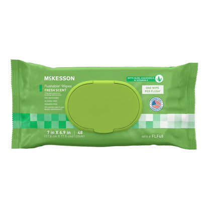 McKesson flushable adult wet wipes with aloe and vitamin E, scented, 48-count pack of plant-based cleansing wipes.