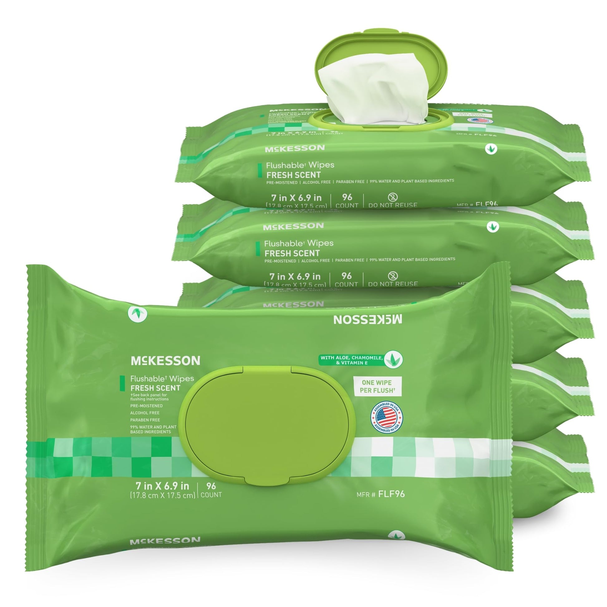 McKesson flushable adult wet wipes with aloe and vitamin E, scented, 6 pack of 96 wipes, plant-based cleansing wipes for personal hygiene