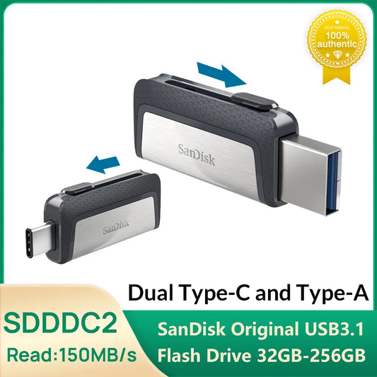 SanDisk SDDDC2 dual plug USB flash drive with Type-C and Type-A ports, 64GB capacity, for phones, laptops, and computers.