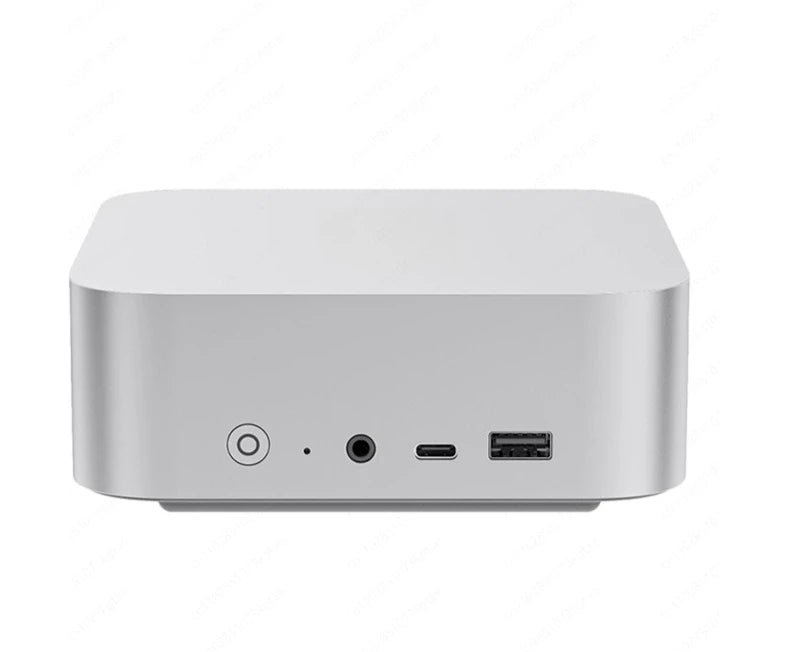 Silver AMD Ryzen 7 mini computer host featuring a sleek game and office design, ultra-quiet operation, from BackupMyFilesNow.com