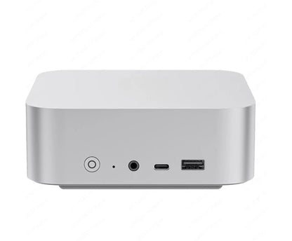 Silver AMD Ryzen 7 mini computer host featuring a sleek game and office design, ultra-quiet operation, from BackupMyFilesNow.com