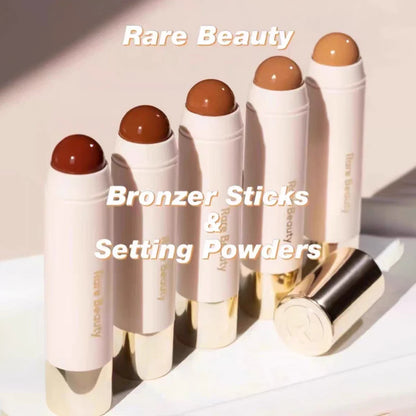 Rare Beauty liquid blush, contour, and bronzer palette with a glossy liquid lipstick and highlighter for natural, radiant makeup look.