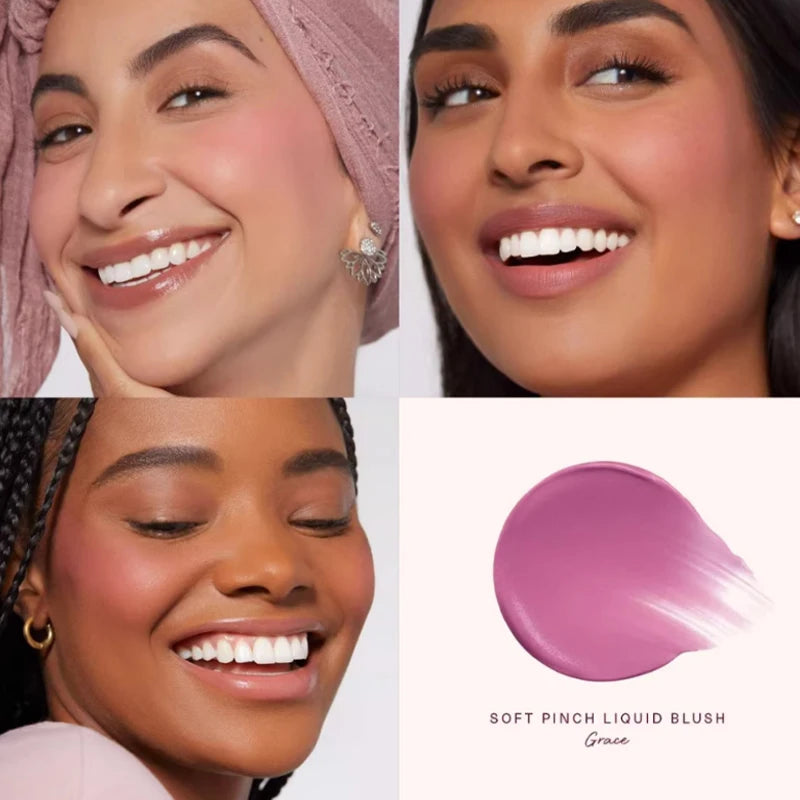 Rare Beauty liquid blush and contour palette with shades of hope, grace, and faith, featuring a liquid lipstick and gloss on a sleek compact.