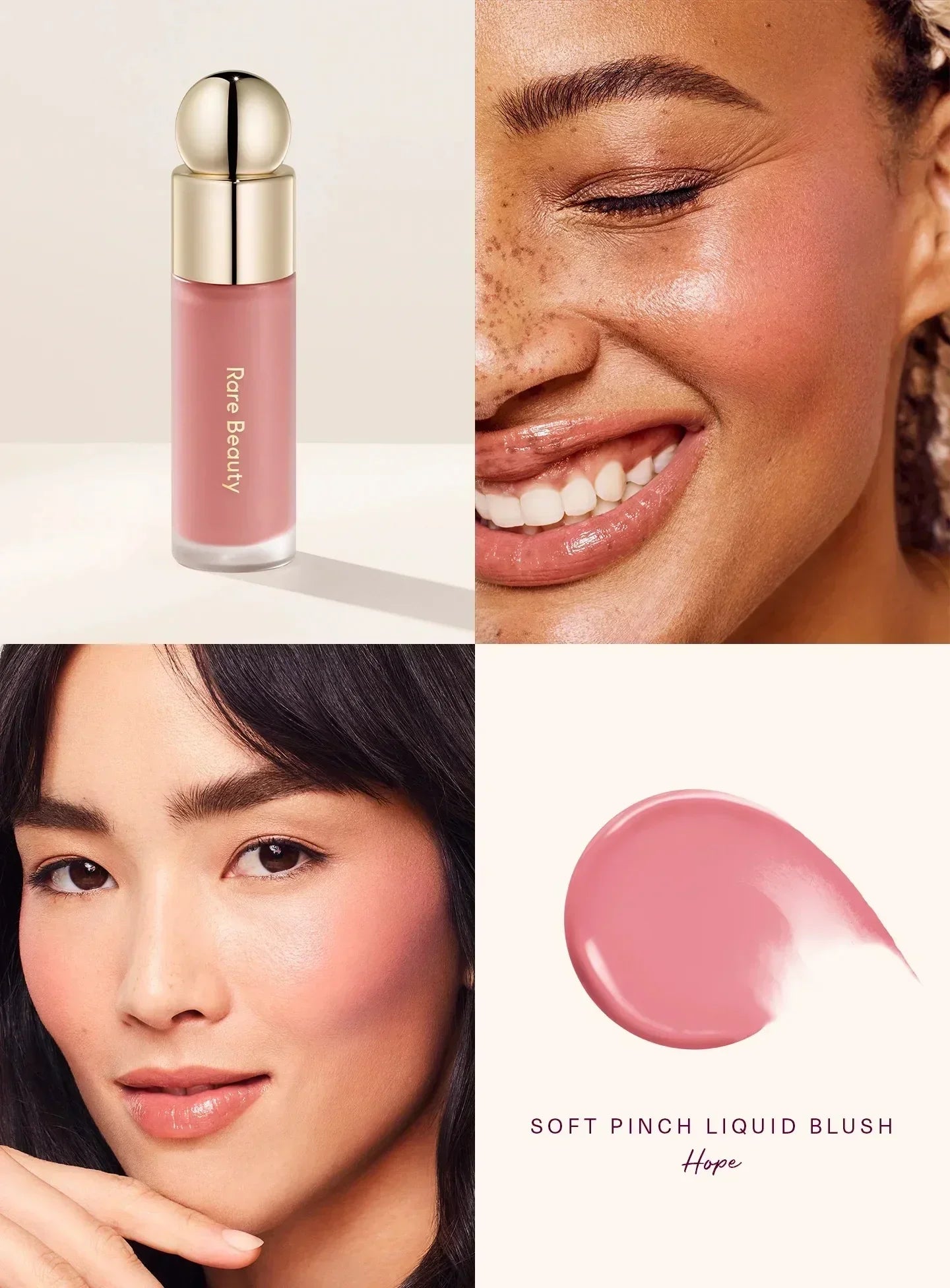 Rare Beauty liquid blush and bronzer set with a glossy liquid lipstick and highlighter, featuring shades named Happy, Hope, Grace, and Faith.