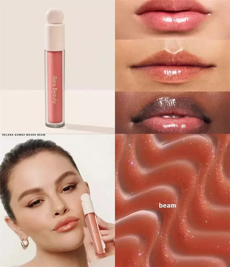 Rare Beauty liquid blush and bronzer set with a glossy liquid lipstick and highlighter, featuring natural, blendable makeup products.