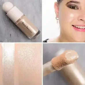 Rare Beauty liquid blusher, contour, and bronzer palette with shades of Happy, Hope, Grace, and Faith, displayed with makeup brushes.