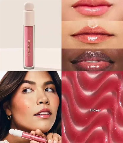 Rare Beauty liquid blusher, contour, and bronzer with lipstick and gloss, featuring a vibrant, blendable makeup palette.