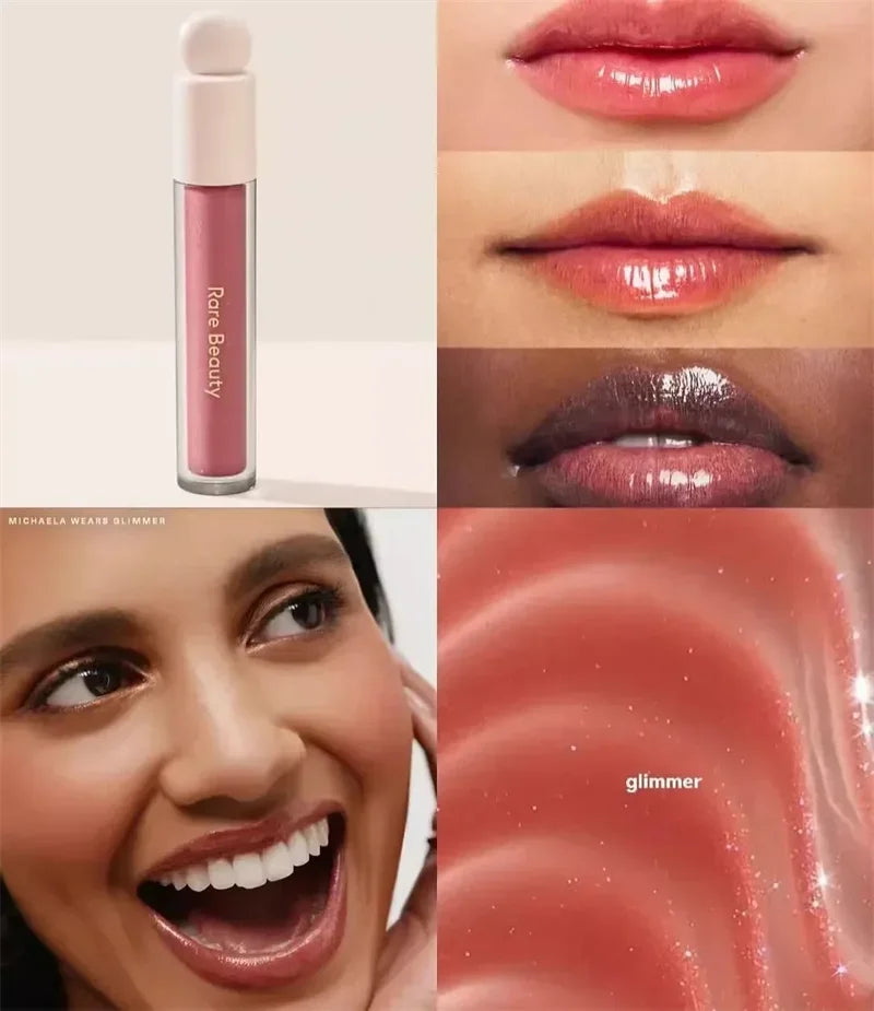 Rare Beauty liquid blusher, contouring bronzer, and glossy lipstick in a makeup palette with shades of pink and nude.