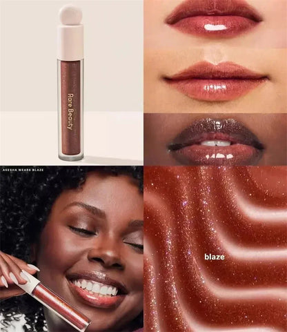 Rare Beauty liquid blush and contouring bronzer with a glossy liquid lipstick, featuring a natural makeup look and radiant finish.