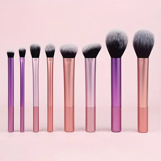 Set of 8 BackupMyFilesNow.com makeup brushes with soft synthetic hair for foundation, blush, eyeshadow, and cosmetic application.