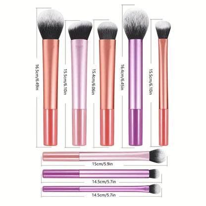 8-piece makeup brush kit with soft synthetic hair, including foundation, blush, and eyeshadow brushes for cosmetic application.