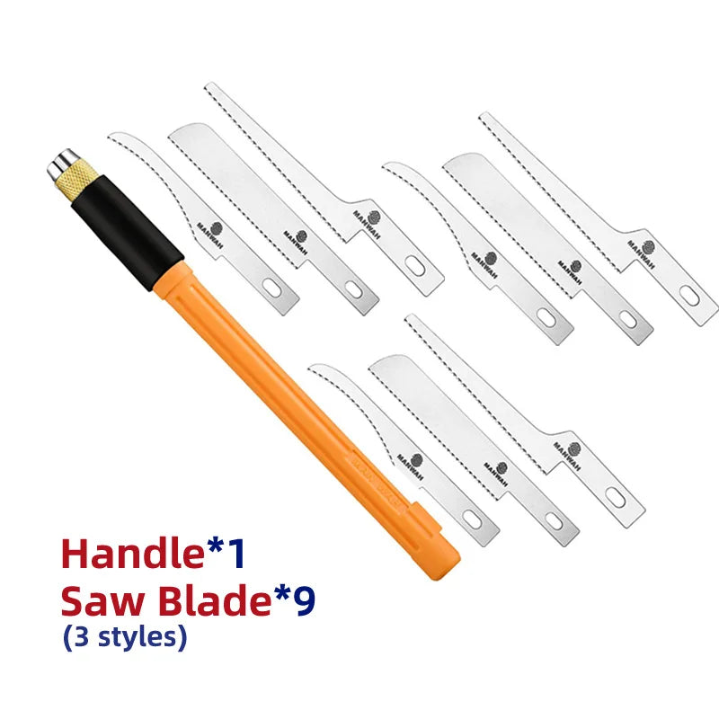 Mini hand saw from BackupMyFilesNow.com craft tools kit with three blades, ideal for hobby and DIY hand cutting projects.