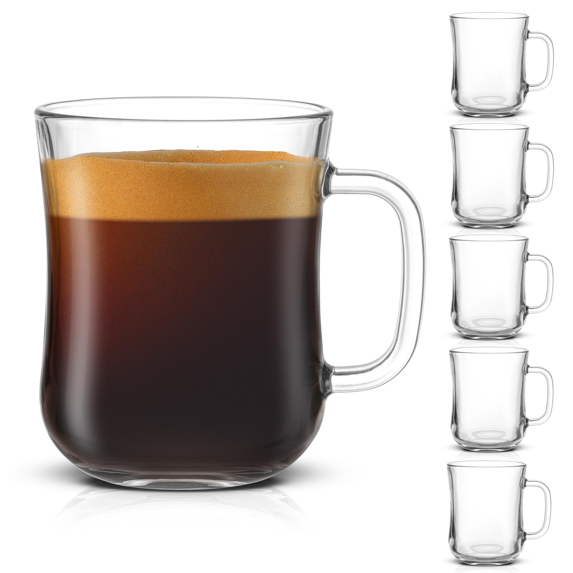 Set of 6 JoyJolt 15.5oz glass coffee mugs, cafe-style clear cups for espresso, cappuccino, latte, and tea.