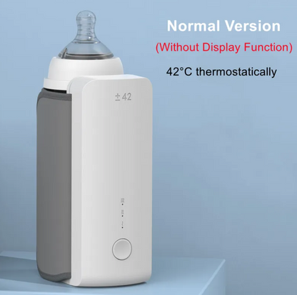 Portable wireless baby bottle warmer by BackupMyFilesNow.com, showcasing a compact device with a digital display and warming features.
