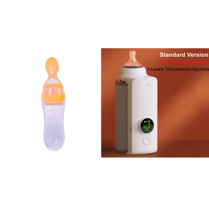 Portable wireless baby bottle warmer by BackupMyFilesNow.com, shown warming a baby bottle on a sleek, compact device.