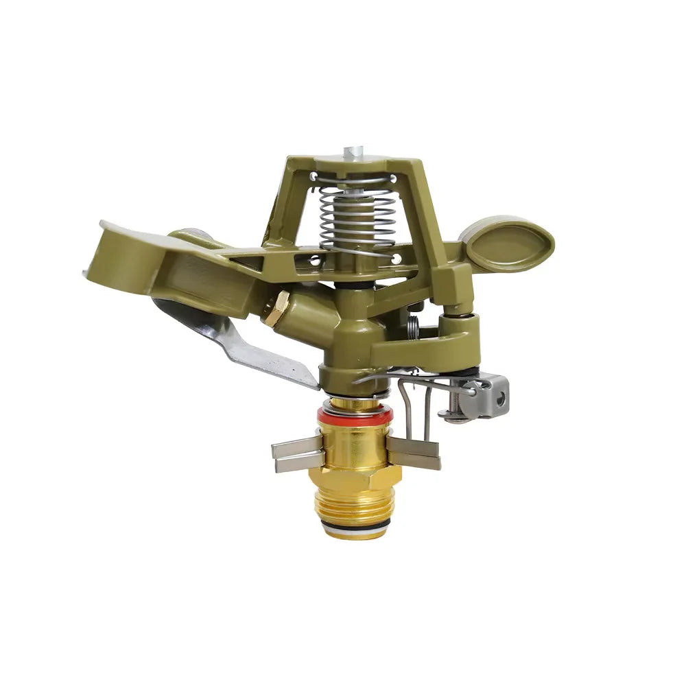 Zinc alloy adjustable rocker arm sprinkler head with 360-degree rotation for lawn irrigation and garden watering system.
