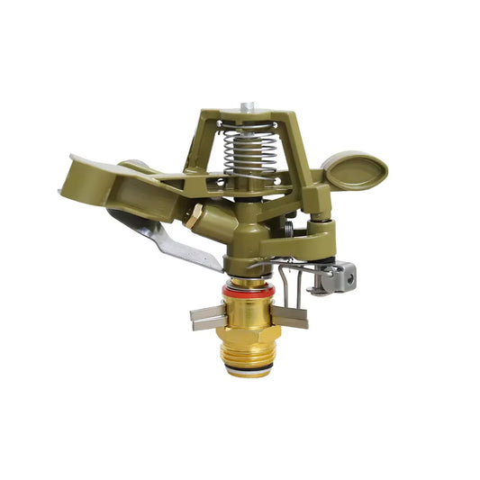 Zinc alloy adjustable rocker arm sprinkler head with 360-degree rotation for lawn irrigation and garden watering system.