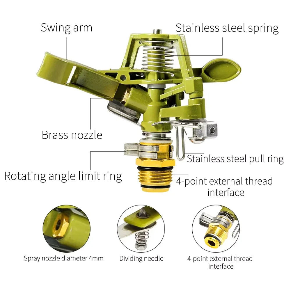 Zinc alloy 4-point adjustable rocker arm sprinkler head with 360-degree rotation for lawn irrigation and garden watering systems.