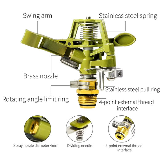 Zinc alloy 4-point adjustable rocker arm sprinkler head with 360-degree rotation for lawn irrigation and garden watering systems.