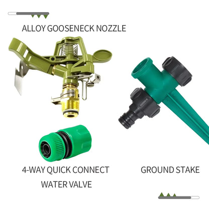 Zinc alloy adjustable rocker arm sprinkler head with 360-degree rotation for lawn irrigation and garden watering.
