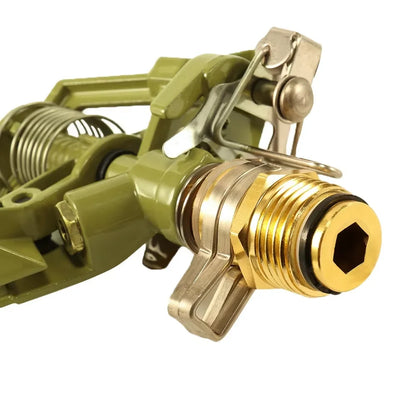 Zinc alloy adjustable rocker arm sprinkler head with 360-degree rotation for lawn irrigation and garden watering system.
