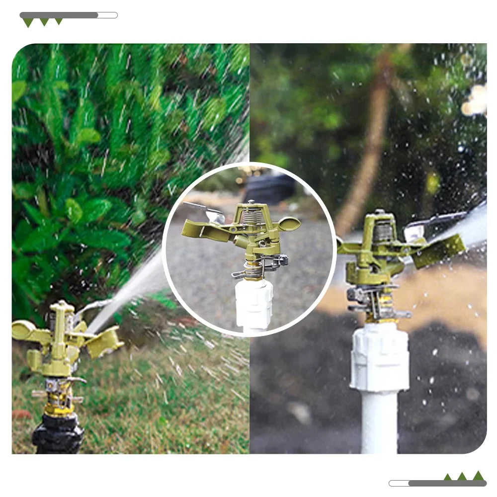 Zinc alloy adjustable rocker arm sprinkler head with 360-degree rotation for lawn irrigation and garden watering system.